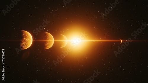 A stunning cosmic scene featuring four planets aligned in a row against a radiant sun backdrop.