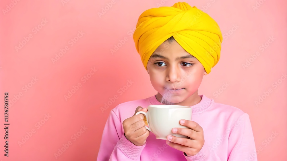 Thoughtful Indian Sikh boy wearing a turban, enjoying coffee in a studio portrait. Thoughtful Indian Sikh boy wearing a turban, enjoying coffee in a studio portrait.