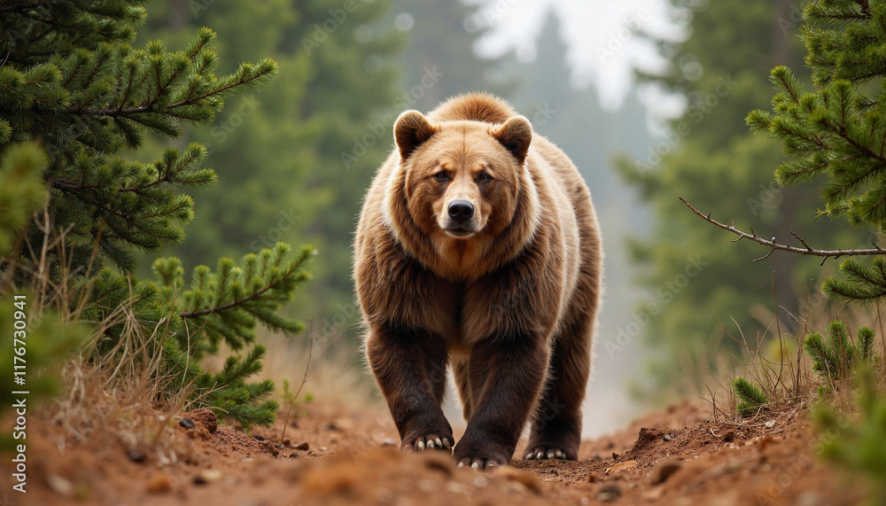 Majestic grizzly bear walking through pine forest, natural wilderness Majestic grizzly bear walking through pine forest, natural wilderness