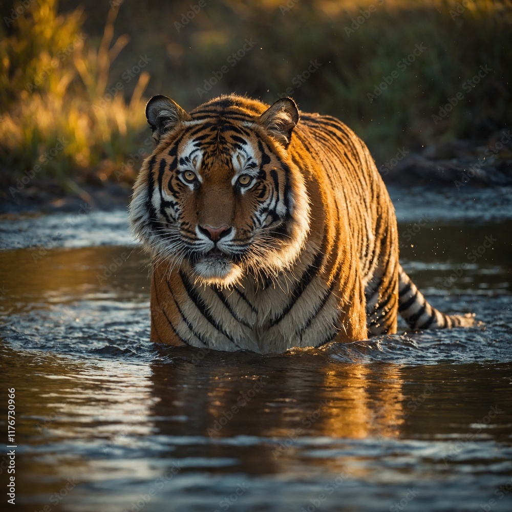 A tiger crossing a shallow river with its striped fur glowing in golden sunlight. A tiger crossing a shallow river with its striped fur glowing in golden sunlight.