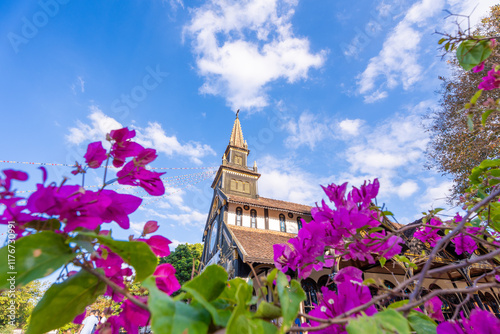 The famed wooden church or Nha Tho Go, or the Catholic Kon tum Cathedral, in the city of Kon tum in the Central Highlands of Vietnam. Travel concept photo