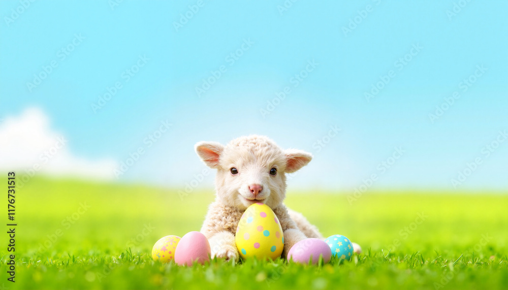 Playful lamb with Easter eggs in vibrant pasture, spring celebration Playful lamb with Easter eggs in vibrant pasture, spring celebration