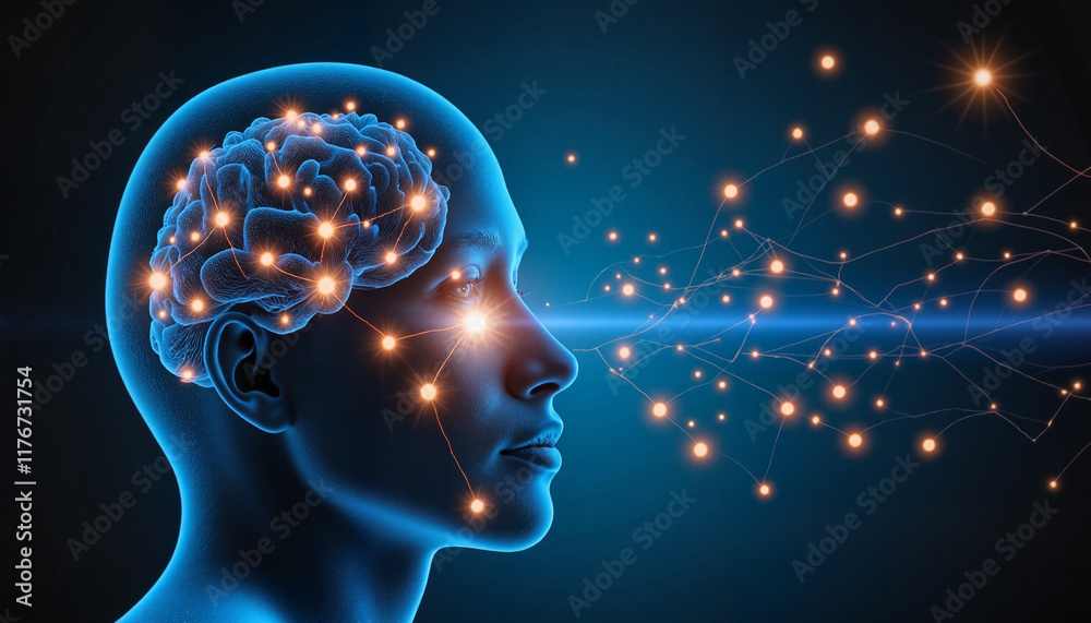Obraz premium Human head with glowing brain connections against dark background
