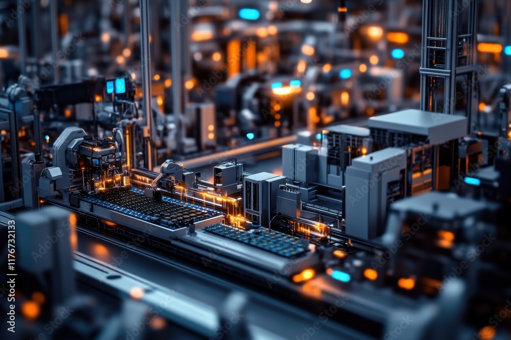 A futuristic industrial automation scene featuring robotic machinery in a high-tech factory. A futuristic industrial automation scene featuring robotic machinery in a high-tech factory.