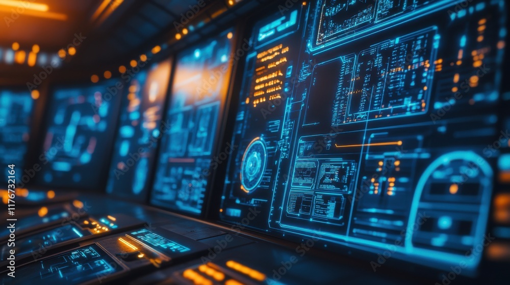 Futuristic control panel displaying vibrant blue and orange digital interfaces. Futuristic control panel displaying vibrant blue and orange digital interfaces.