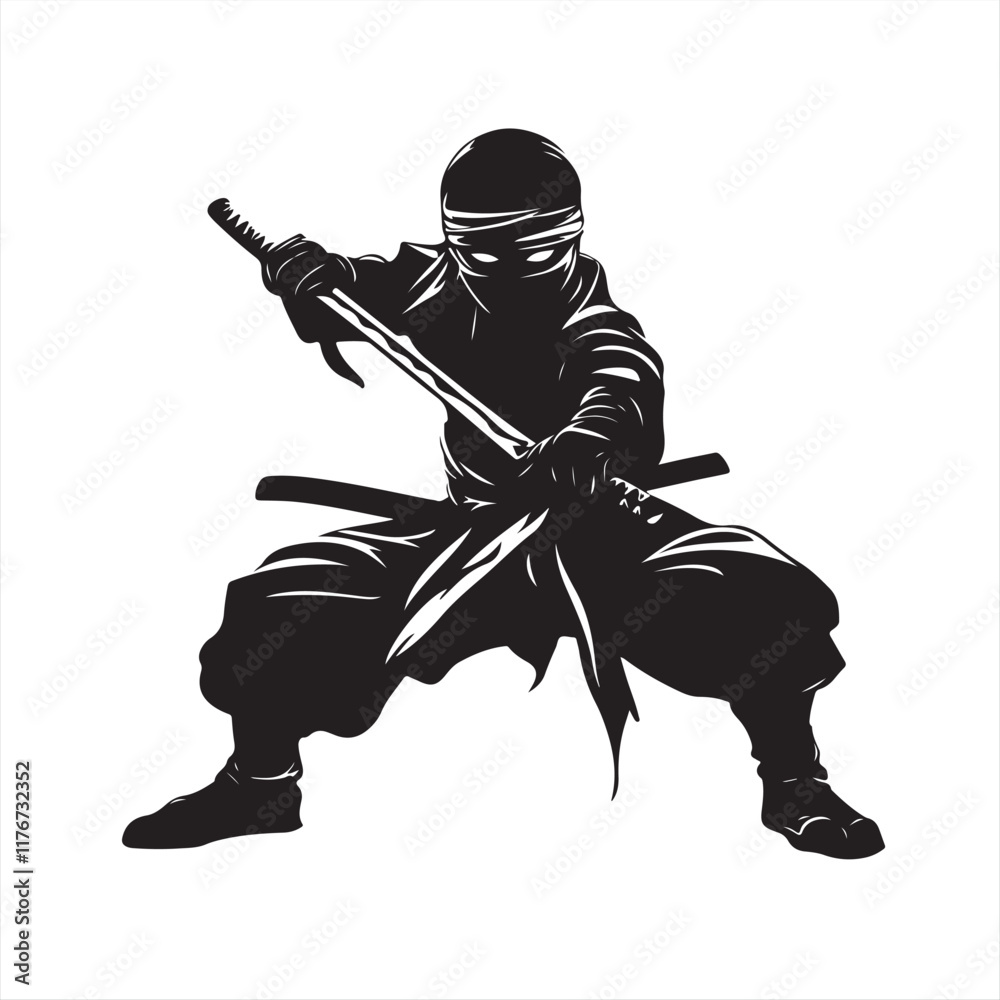 Fototapeta premium Ninja Stance: Holding Katana – Black and White Vintage Vector Illustration