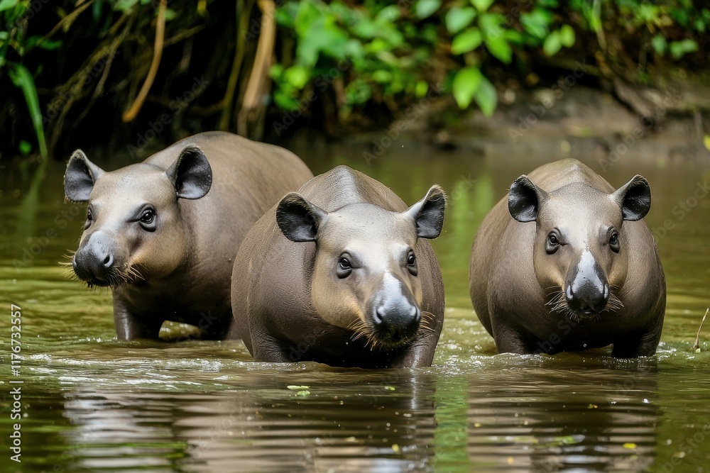 A group of South American tapirs wading through a shallow river in the Amazon basin. A group of South American tapirs wading through a shallow river in the Amazon basin.