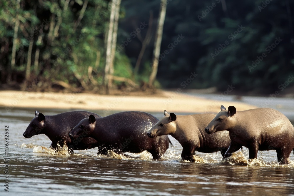 Fototapeta premium A group of South American tapirs wading through a shallow river in the Amazon basin.