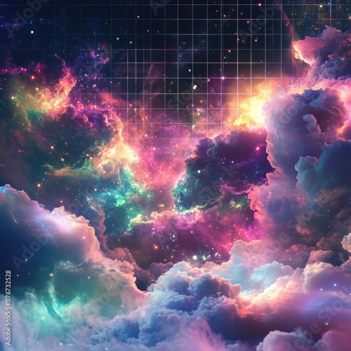 A surreal blend of bright digital clouds forming nebula-like structures. The colors shift between vibrant purple, pink, and green, with scattered glowing stars and a subtle grid pattern 