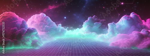 A surreal blend of bright digital clouds forming nebula-like structures. The colors shift between vibrant purple, pink, and green, with scattered glowing stars and a subtle grid pattern 