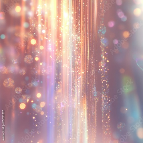 A vertical cascade of soft glowing light beams, refracting into a spectrum of pastel colors.