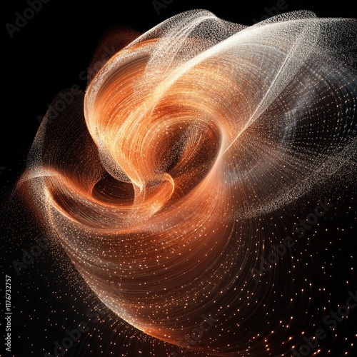 An abstract whirlwind of glowing particles in shades of orange, red, and white, spinning within a dark, minimalist space. Each particle radiates a soft glow