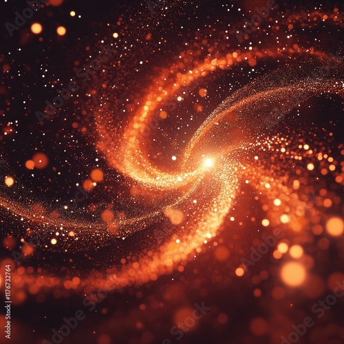 An abstract whirlwind of glowing particles in shades of orange, red, and white, spinning within a dark, minimalist space. Each particle radiates a soft glow