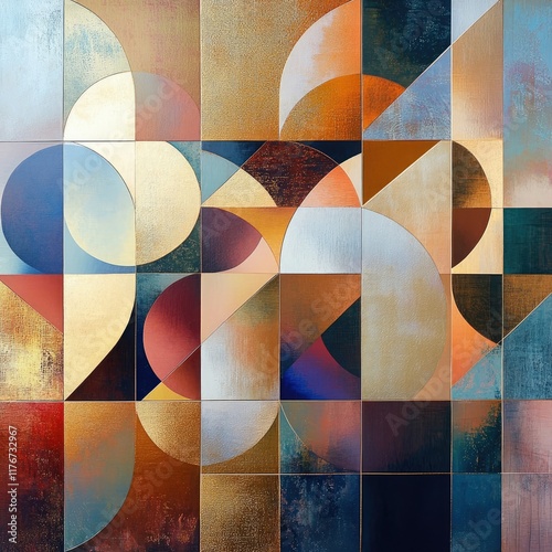 An intricate arrangement of geometric shapes (triangles, circles, and squares) overlapping in dynamic ways. Each shape is filled with a gradient of gold, copper, and soft blues