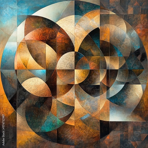 An intricate arrangement of geometric shapes (triangles, circles, and squares) overlapping in dynamic ways. Each shape is filled with a gradient of gold, copper, and soft blues