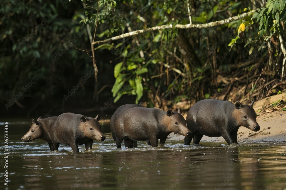 A group of South American tapirs wading through a shallow river in the Amazon basin.