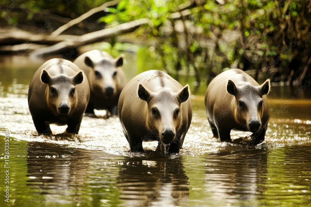 A group of South American tapirs wading through a shallow river in the Amazon basin. A group of South American tapirs wading through a shallow river in the Amazon basin.