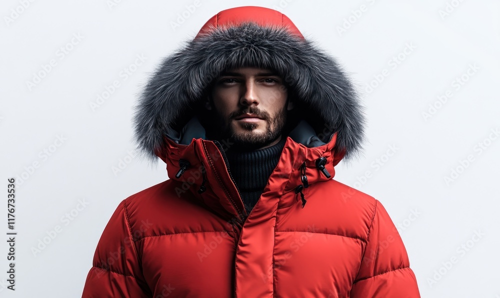 Man in red fur-trimmed parka, serious expression. Man in red fur-trimmed parka, serious expression.