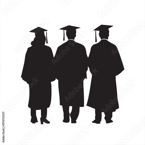 Celebrating Together: Three Graduates in Silhouette – Vector Illustration