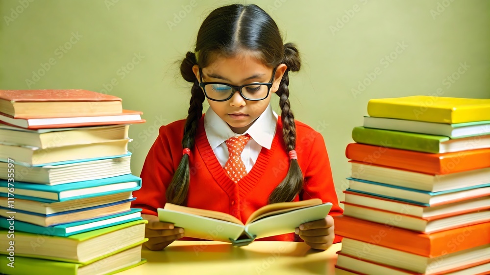 Studio shot of Indian schoolgirl reading book with stack of books on table. Portrait of young Indian student studying, focused on education and learning.
Studio shot of Indian schoolgirl reading book with stack of books on table. Portrait of young Indian student studying, focused on education and learning.
