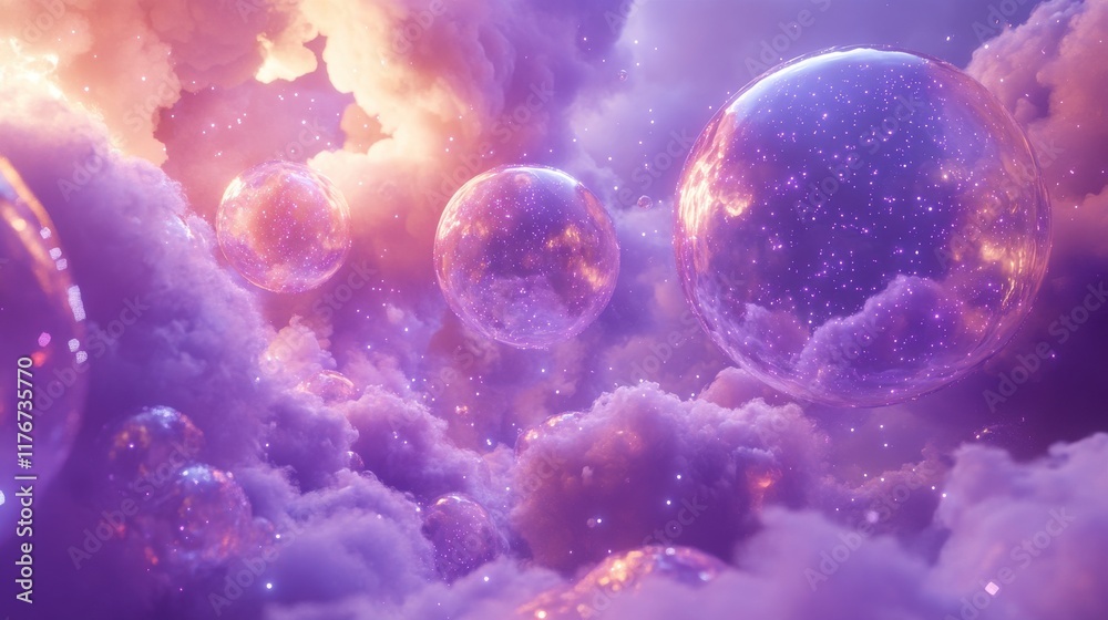 Naklejka premium Magical purple and pink clouds illuminated by ethereal bubbles floating in a dreamy cosmic atmosphere.