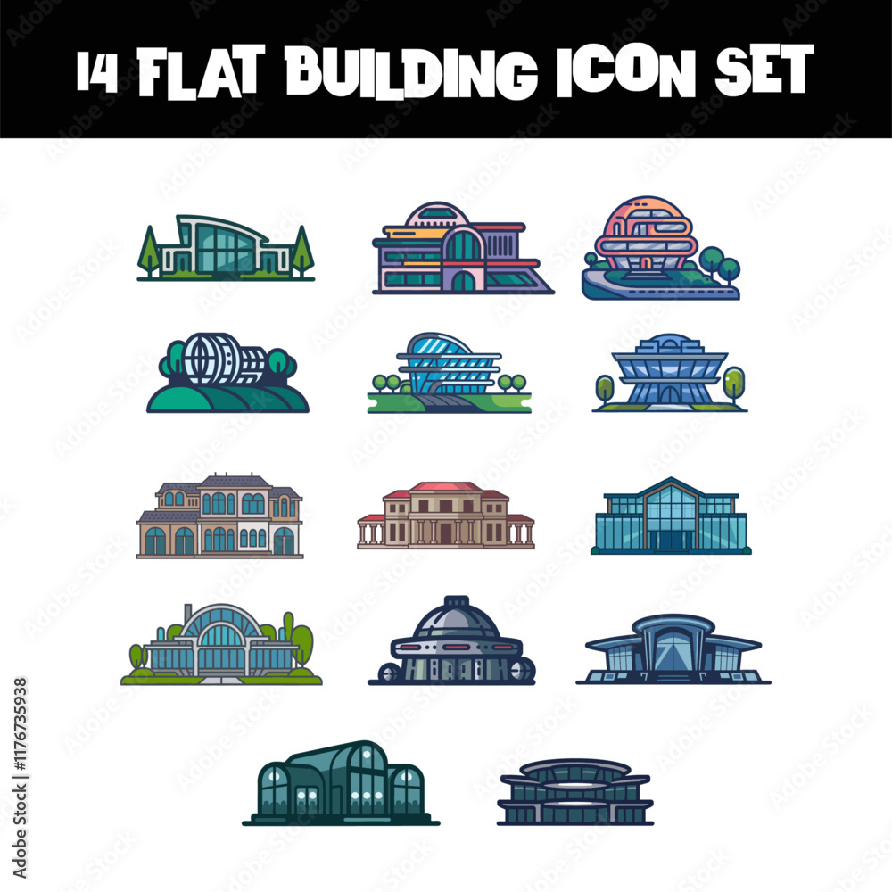 Naklejka premium 14 Flat Colored Building Icon Set Vector Illustrated