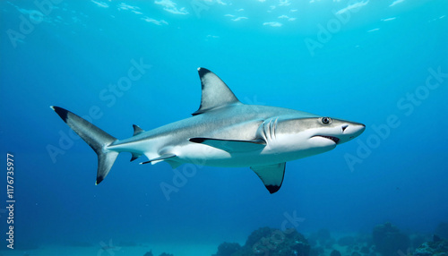 Blacktip shark swimming gracefully in clear blue ocean, marine beauty