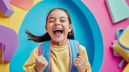 A quirky young girl with a backpack, laughing and screaming in a dynamic pose, placed in an abstract futuristic classroom with bright colors and a solid blue background. funny scho photo