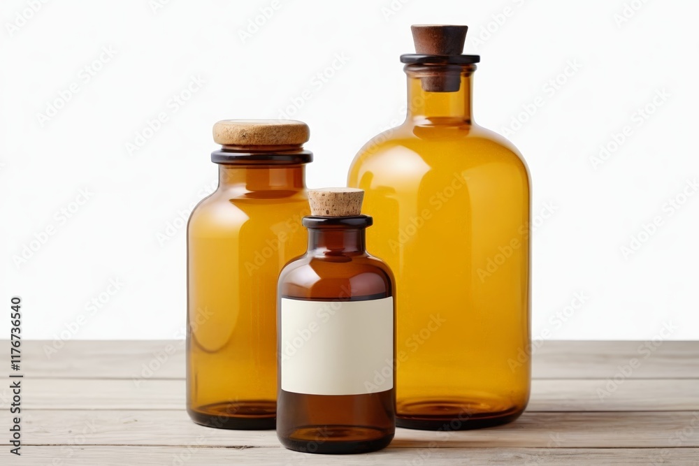 bottles with brown caps and corks on a wooden table bottles with brown caps and corks on a wooden table