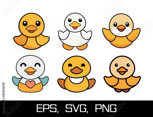 Cute Animal Duck characters set. Hand drawn farm animal cartoon design of yellow duck, duckling, chick in different pose. Adorable baby duck illustration for sticker, clipart, education.