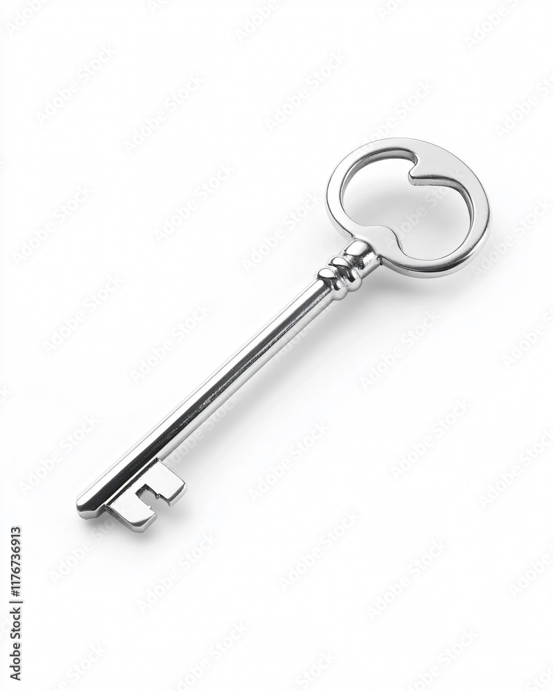 Close-Up of Simple Silver Key Isolated on White Background Close-Up of Simple Silver Key Isolated on White Background