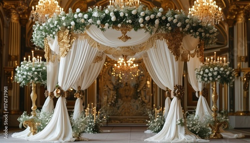 Elegant jewish chuppah with gold accents for wedding ceremonies photo