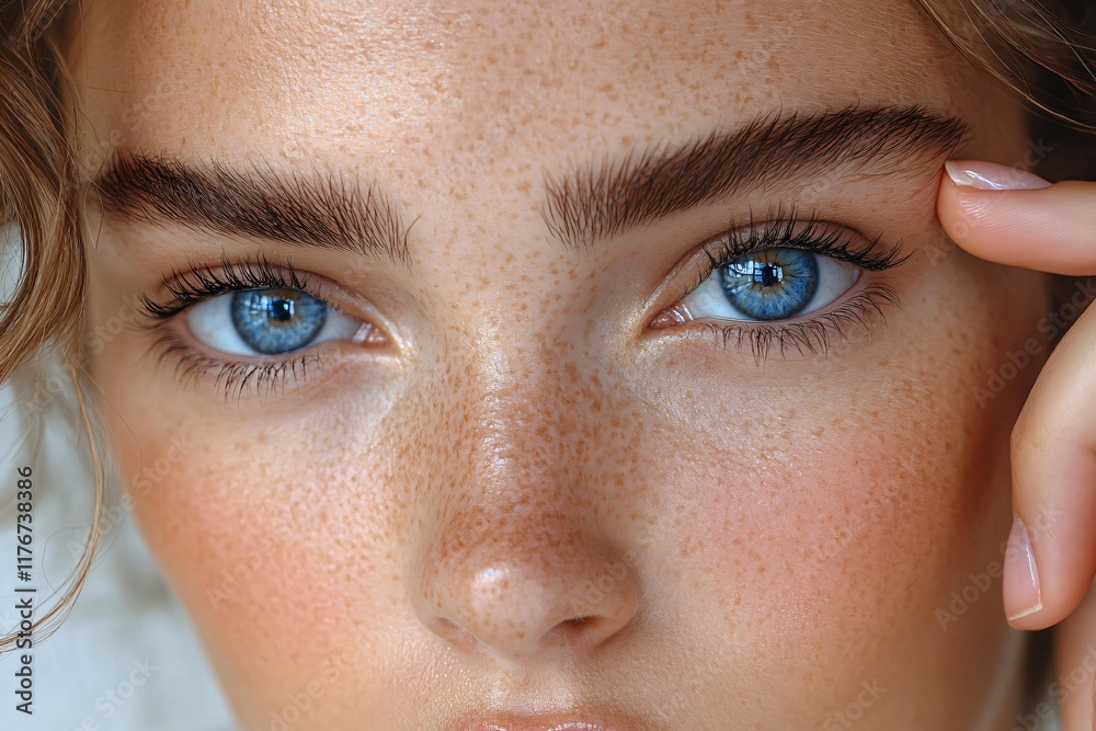 Fototapeta premium Close up Portrait of a Young Woman with Freckles and Blue Eyes Soft Focus