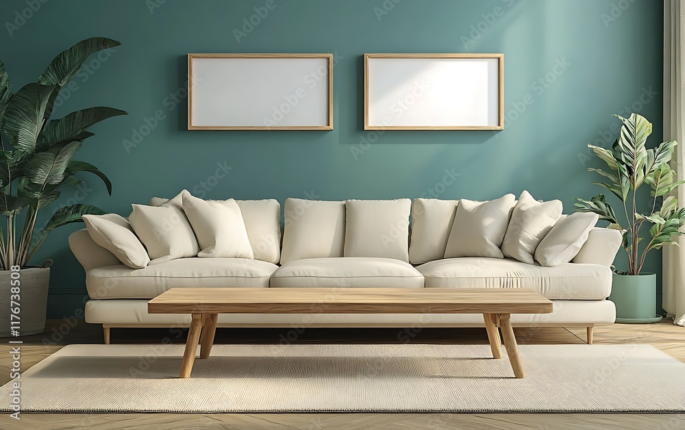 Fototapeta premium Modern living room interior with blank frames, sofa, plants, and sunlight. (1)