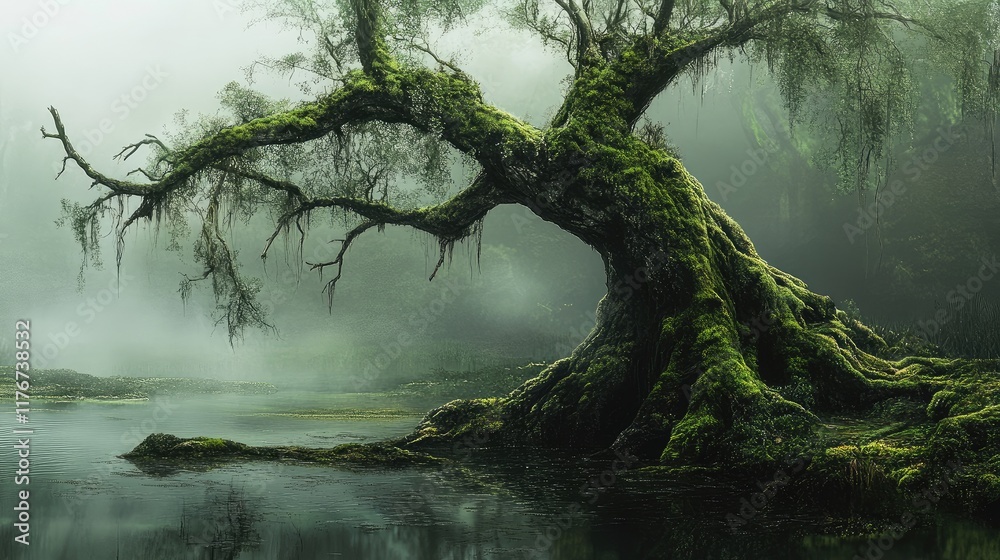 A dying tree covered in moss, leaning precariously over a stagnant pond, evoking a sense of solitude and decline. A dying tree covered in moss, leaning precariously over a stagnant pond, evoking a sense of solitude and decline.