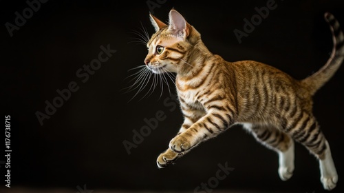 Wallpaper Mural Playful Bengal Kitten Leaping in Mid-Air With Striking Stripes and Expressive Eyes Against a Dark Background, Showcasing Energy and Curiosity Torontodigital.ca