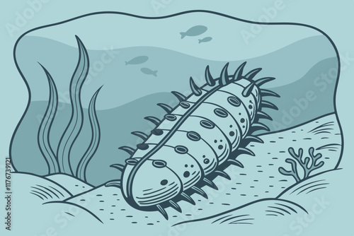 Sea Cucumber Resting on the Ocean Floor - Vector Illustration