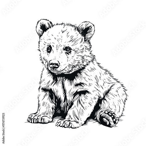 Hand drawn baby bear cub, sketch graphics monochrome illustration on white background
