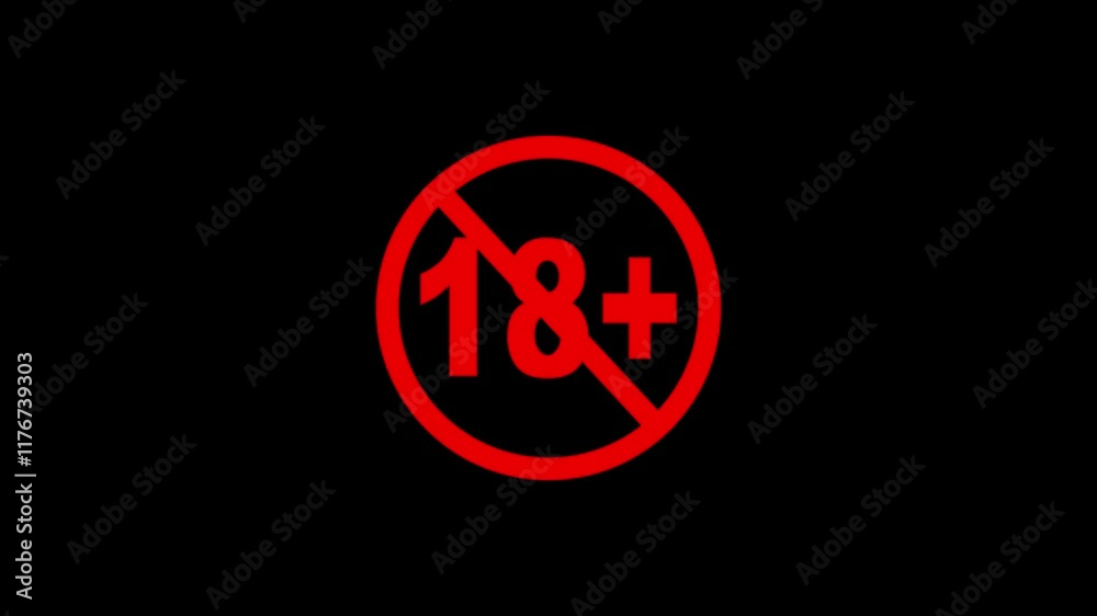 Animated Under 18 forbidden ban icon on black background. 18 not allowed logo animation. 18 Plus movie icon.
