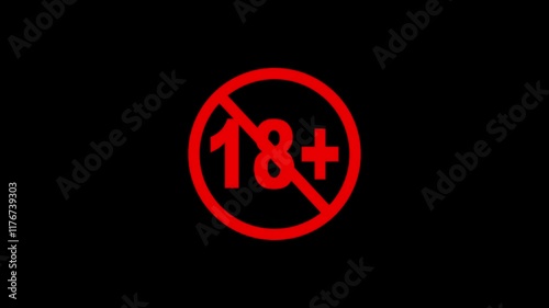 Animated Under 18 forbidden ban icon on black background. 18 not allowed logo animation. 18 Plus movie icon.