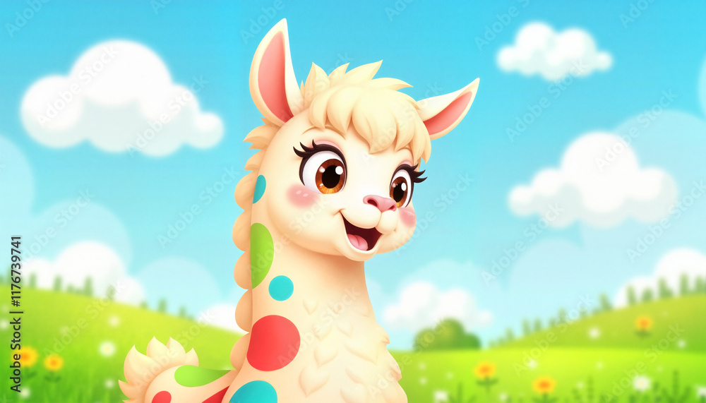 Fototapeta premium Playful cartoon llama smiling in sunny meadow, whimsical joy