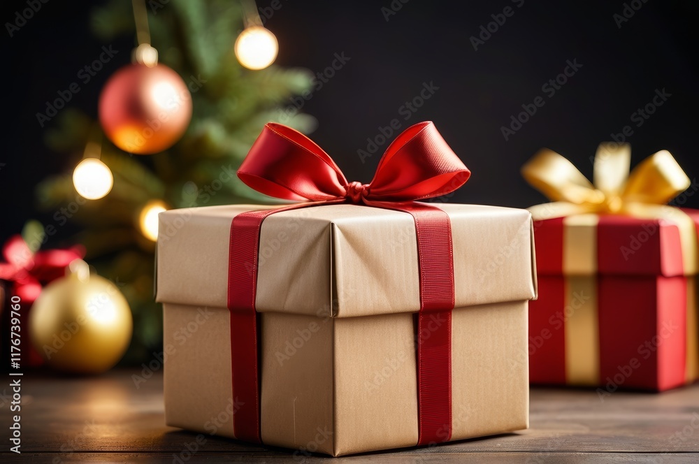 there is a small gift box with a red ribbon on it