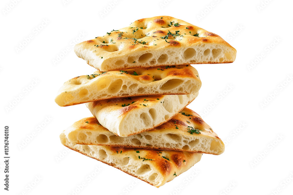 Set of focaccia bread isolated on a white transparent background, Italian bread, usually flavored with olive oil and herbs. Set of focaccia bread isolated on a white transparent background, Italian bread, usually flavored with olive oil and herbs.