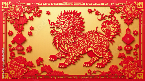 Detailed zodiac-themed paper-cut with traditional symbols, unique Chinese festive design, stock photo
