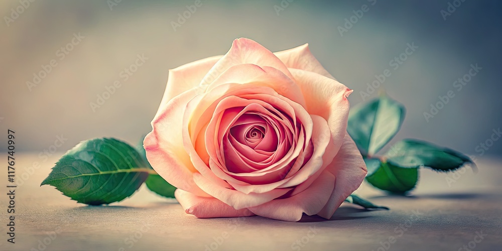 Fototapeta premium A delicate vintage pink rose, softly petaled, blooms against a botanical, retro floral background.