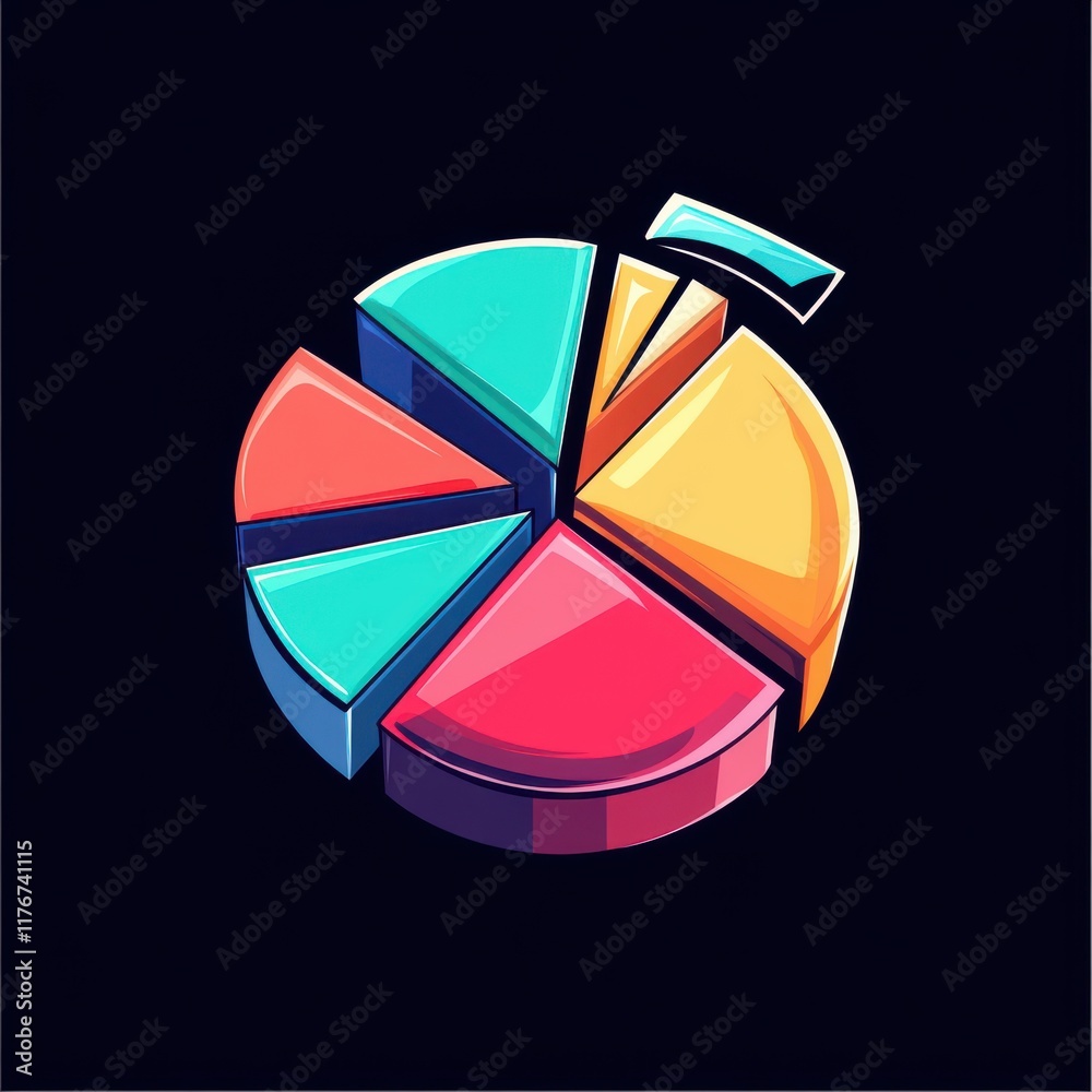 Obraz premium Colorful pie chart representing data analysis and statistics in a modern graphic design style.