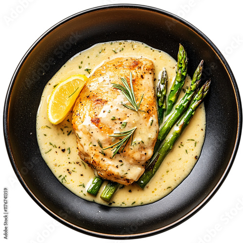 A top view of a creamy lemon chicken dish with asparagus on an isolated background