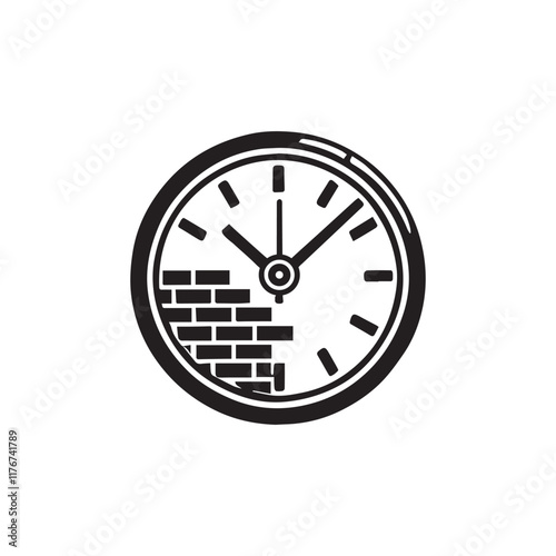 Clock face with a brick wall partially obscuring the time.