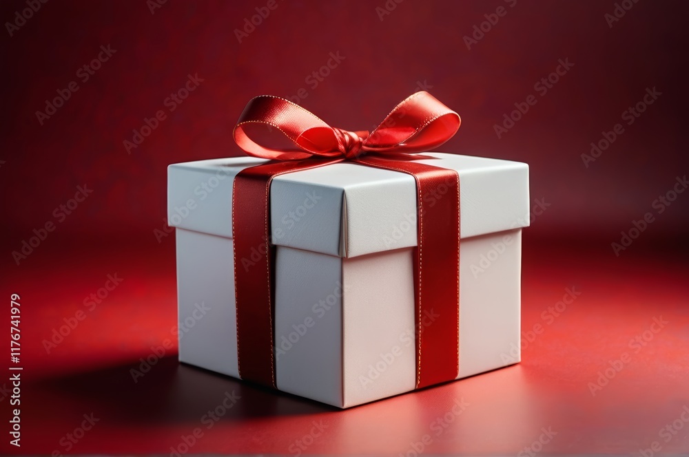 there is a white gift box with a red ribbon on it there is a white gift box with a red ribbon on it