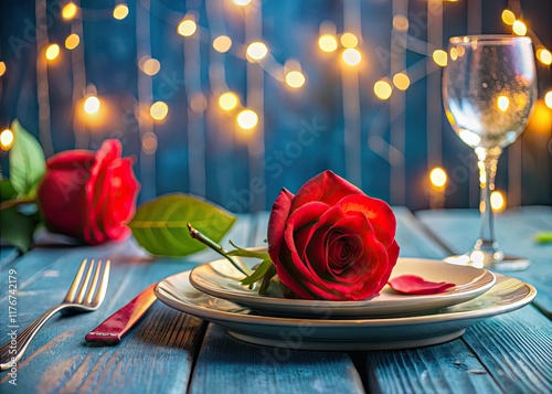A passionate Valentine's feast: crimson roses and deep blue wood create a romantic ambiance for two.